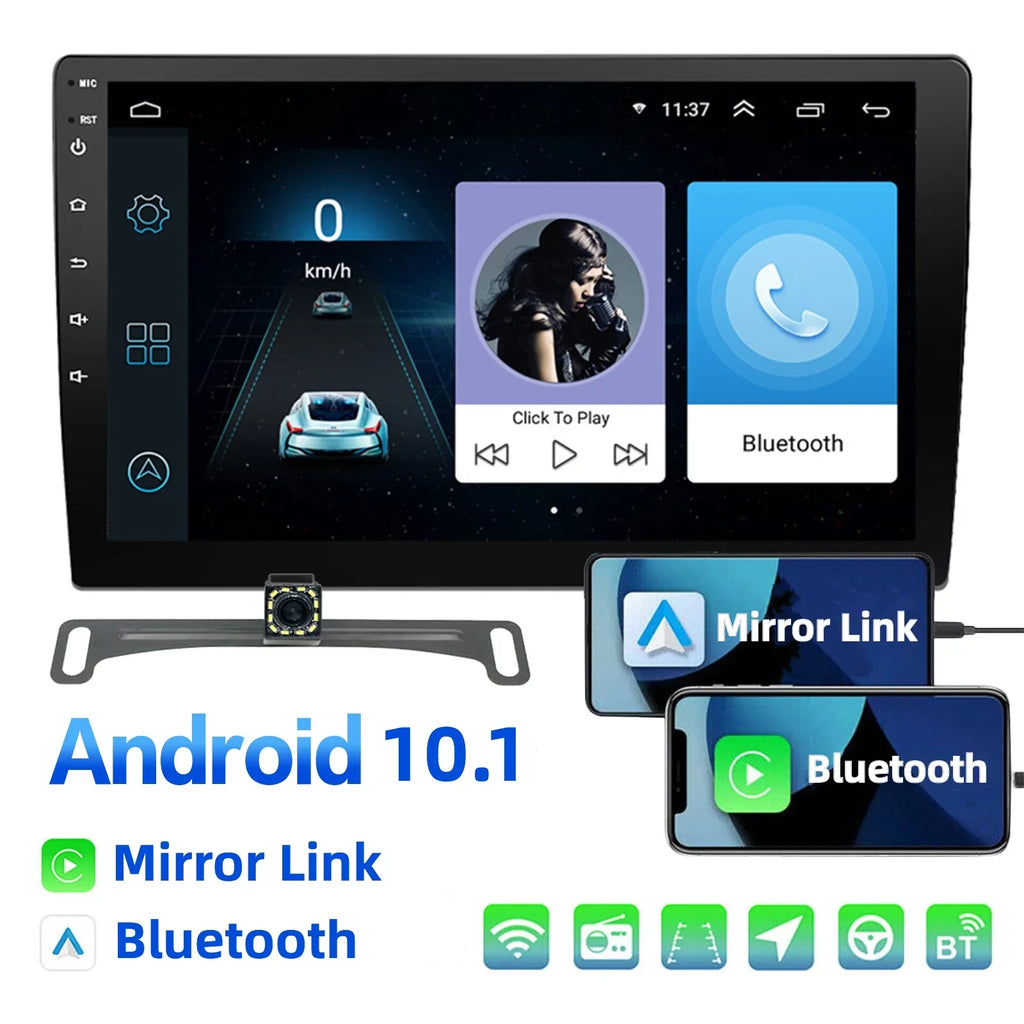Ele-mall Double Din Car Stereo, 10.1" Android 10.1 Car MP5 Player, HD Touch Screen Car Radio W/Bluetooth Mirror Link GPS Function, Rear Camera Included