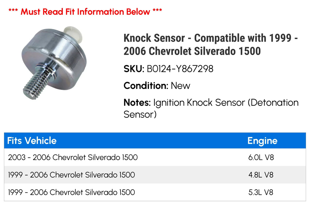 Knock Sensor - Compatible with 1999 - 2006 Chevy Silverado 1500 2000 2001 2002 2003 2004 2005