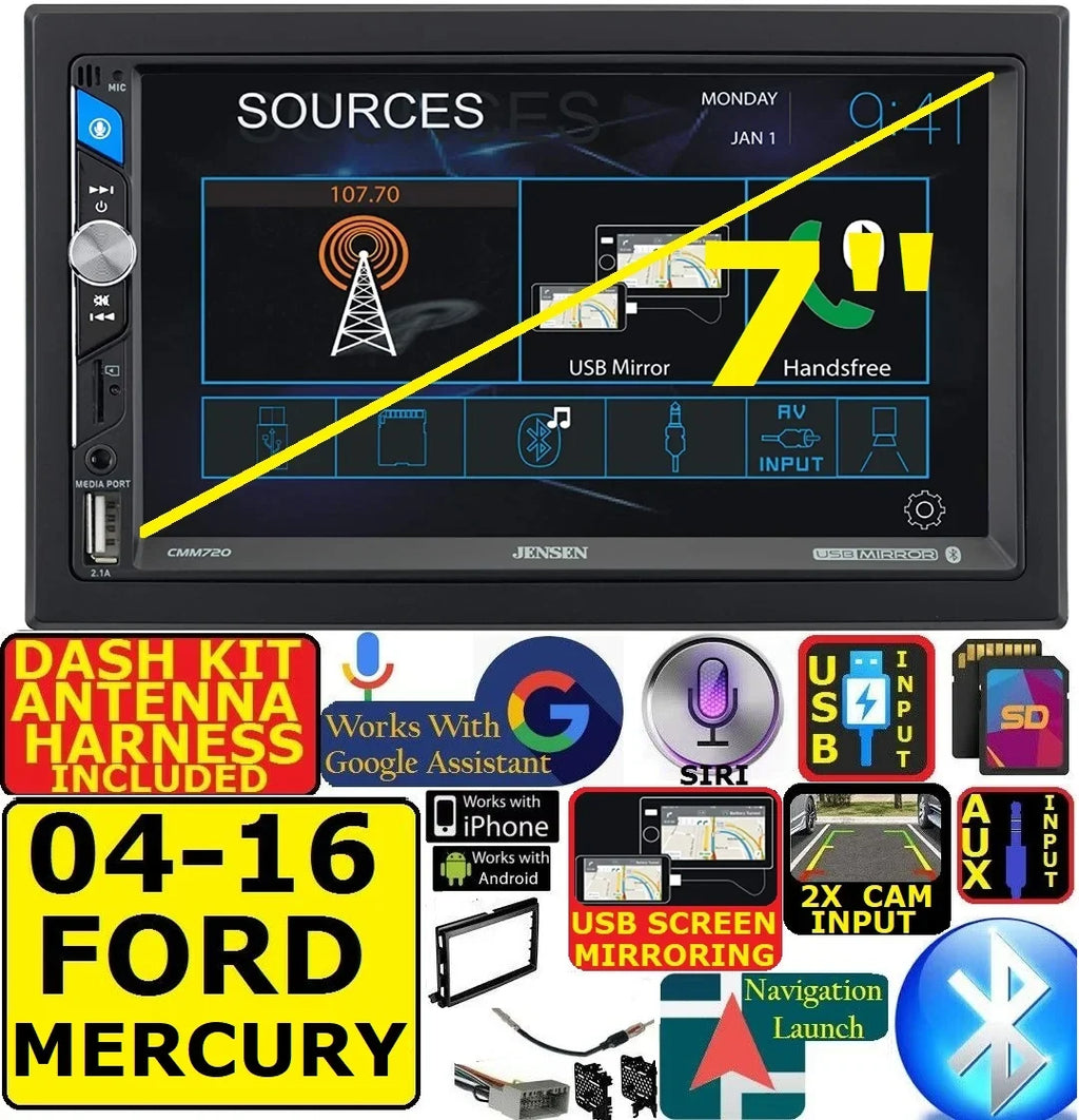 FITS FORD MURCURY AM/FM USB/BLUETOOTH TOUCHSCREEN CAR RADIO STEREO PKG. INCLUDES VEHICLE SPECIFIC INSTALLATION HARDWARE INCLUDING DASH KIT, WIRE HARNESS, AND ANTENNA ADAPTER WHEN REQIRED.