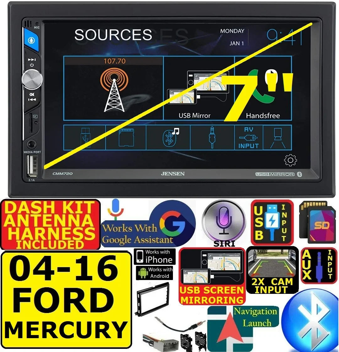 FITS FORD MURCURY AM/FM USB/BLUETOOTH TOUCHSCREEN CAR RADIO STEREO PKG. INCLUDES VEHICLE SPECIFIC INSTALLATION HARDWARE INCLUDING DASH KIT, WIRE HARNESS, AND ANTENNA ADAPTER WHEN REQIRED.