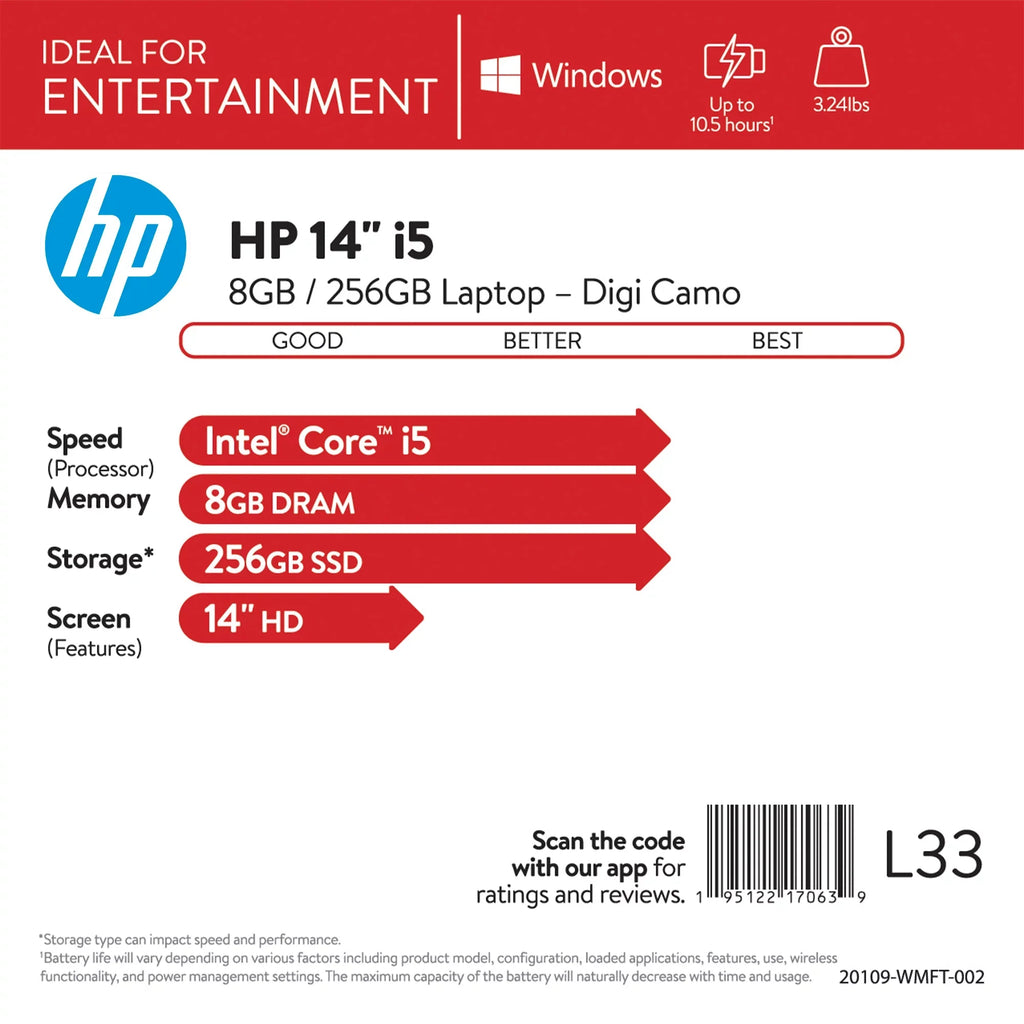 HP 14, Intel Core i5-1035G1, 8GB RAM, 256GB SSD, DIGI CAMO Laptop