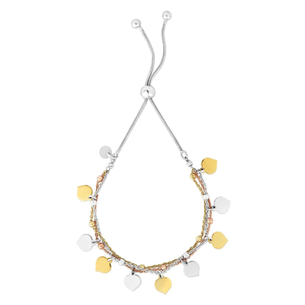 Jewelstop Sterling Silver Polished Finish Tri-Color Charm Dangle Friendship Bracelet with Draw String - 9.25"