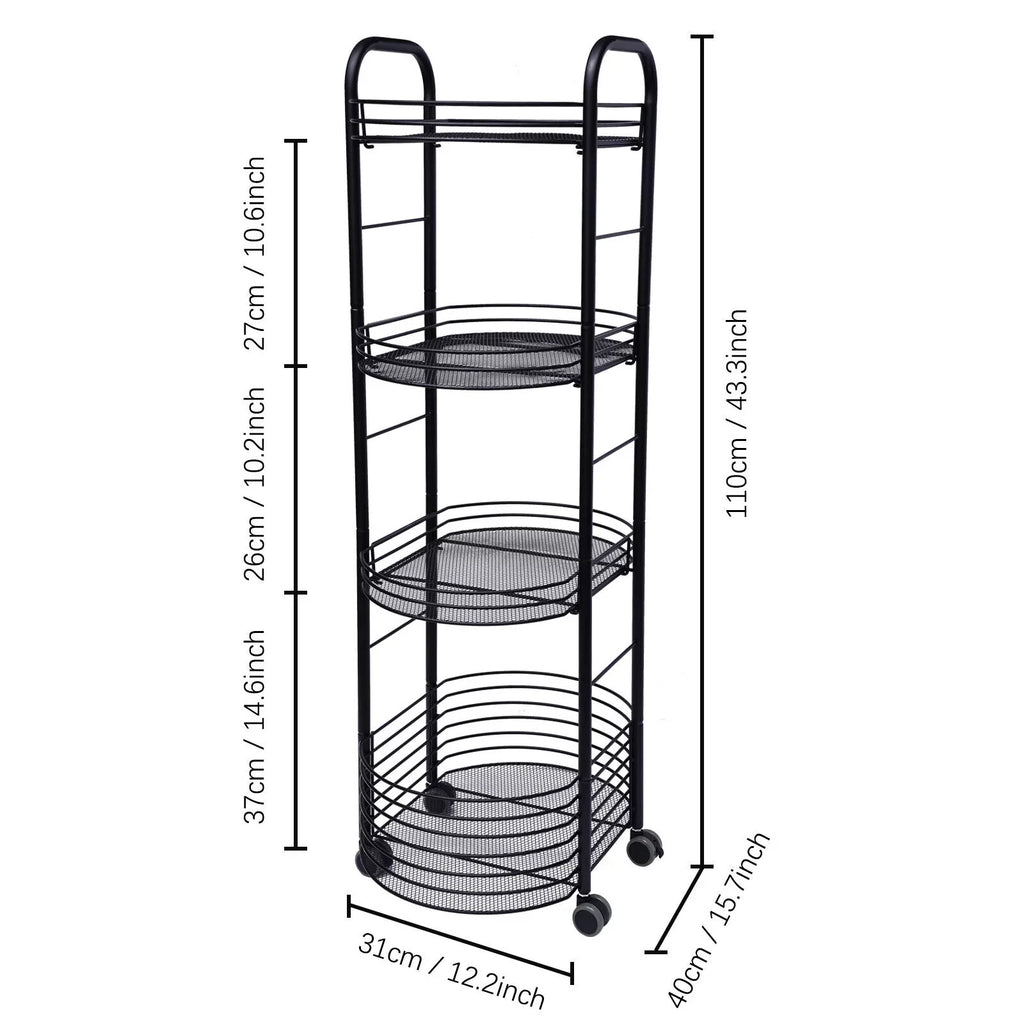 4 Tier Rolling Cart, Kitchen Storage Organizer Utility Cart, Metal Basket Storage Art Trolley Carts with Rims, Black