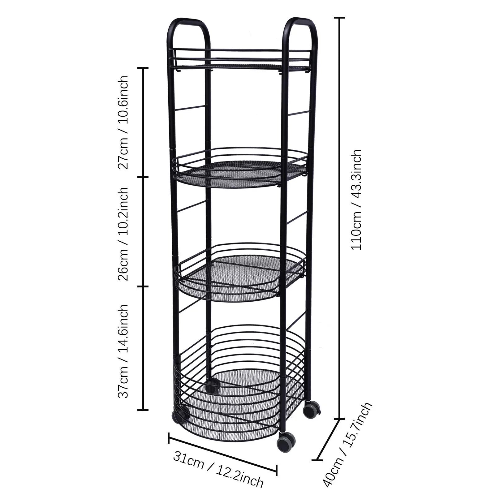4 Tier Rolling Cart, Kitchen Storage Organizer Utility Cart, Metal Basket Storage Art Trolley Carts with Rims, Black