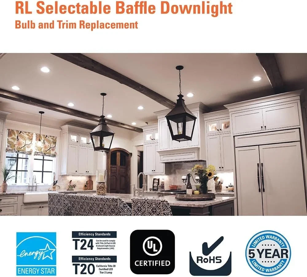 HALO RL Series 5/6 inch Recessed LED Light Retrofit Ceiling & Shower Downlight, Selectable CCT and Selectable Lumens, Dim to Warm, Matte White Retrofit Baffle Trim, 900/1200 Lumens
