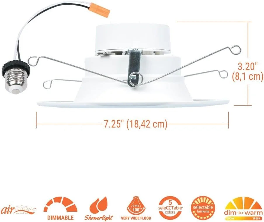 HALO RL Series 5/6 inch Recessed LED Light Retrofit Ceiling & Shower Downlight, Selectable CCT and Selectable Lumens, Dim to Warm, Matte White Retrofit Baffle Trim, 900/1200 Lumens