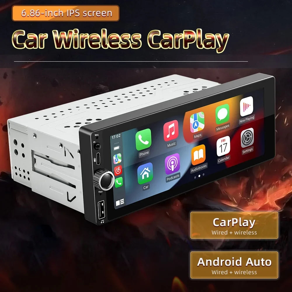 6.86 Inch Android 13 Car Stereo - Single-Din GPS Navigation with Touchscreen, Android Auto Support, WiFi/BT Connection, RDS Radio, Mirror Phone Link, Reverse Image, and Steering Wheel Control