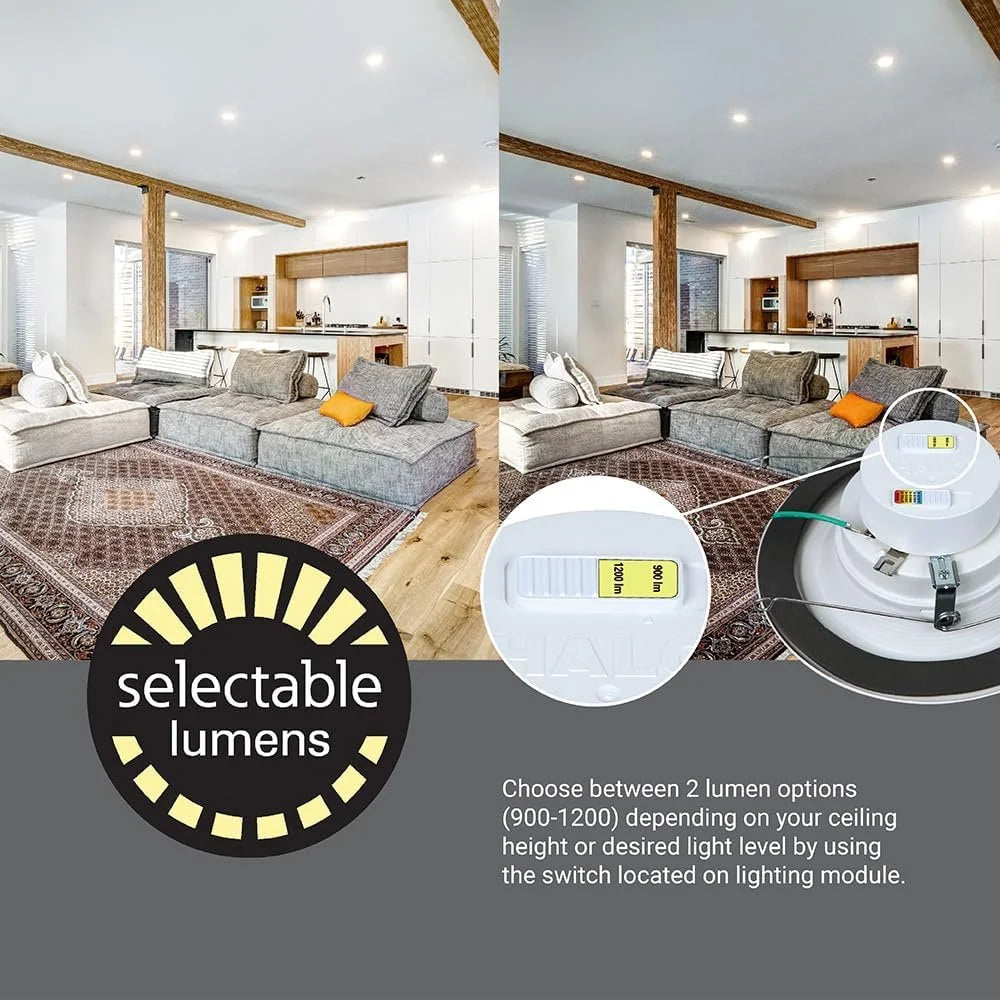 HALO RL Series 5/6 inch Recessed LED Light Retrofit Ceiling & Shower Downlight, Selectable CCT and Selectable Lumens, Dim to Warm, Matte White Retrofit Baffle Trim, 900/1200 Lumens