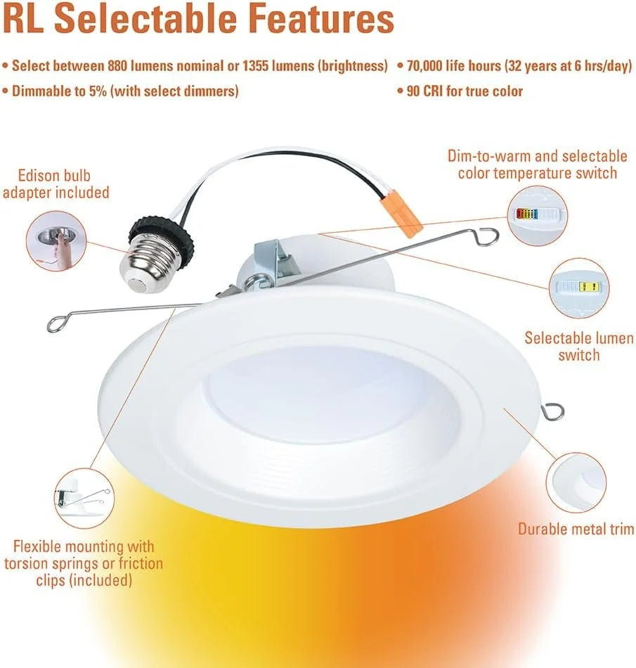HALO RL Series 5/6 inch Recessed LED Light Retrofit Ceiling & Shower Downlight, Selectable CCT and Selectable Lumens, Dim to Warm, Matte White Retrofit Baffle Trim, 900/1200 Lumens